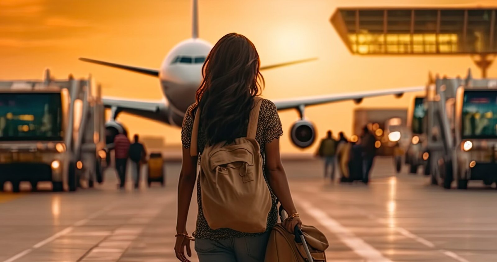 Indian young girl with tourist backpack back view walking at on airport