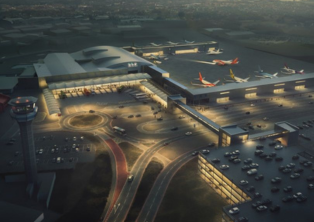Night aerial of London Luton Airport terminal and stands - luton Airport Taxi service area