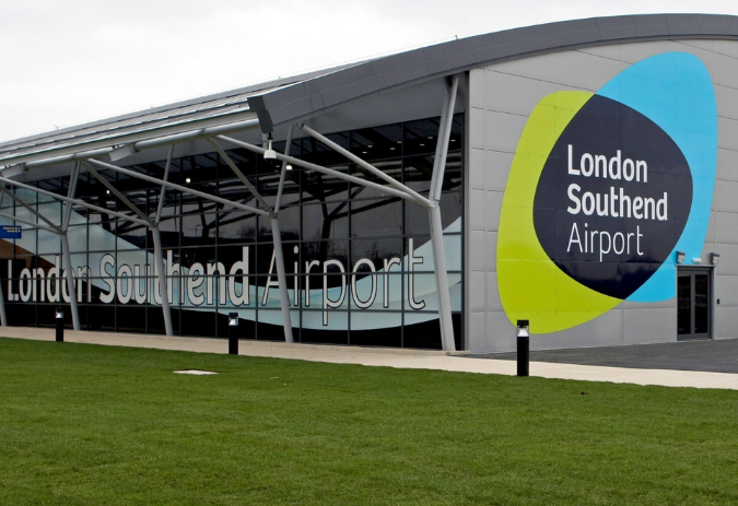 London Southend Airport exterior with large logo – Southend Airport Taxi pickups