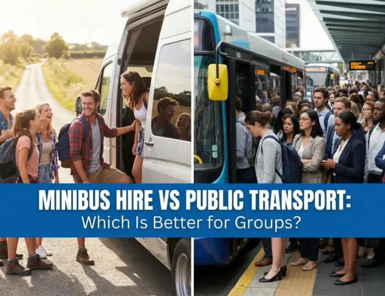Minibus hire vs public transport comparison: happy friends boarding minibus vs crowded city bus