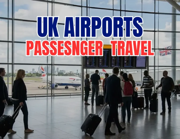 Passengers with luggage wait inside a bright airport terminal with a British Airways plane visible outside the window, overlaid with text reading "UK AIRPORTS PASSENGER TRAVEL."