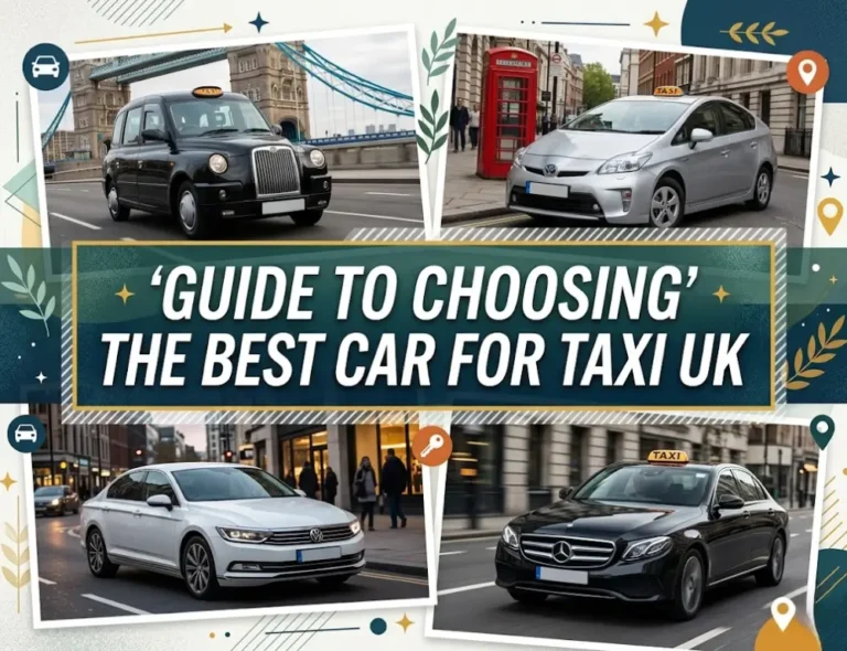 Composite image showing four different taxi cars in London settings with a central text overlay reading, "'Guide to Choosing' The Best Car For Taxi UK."