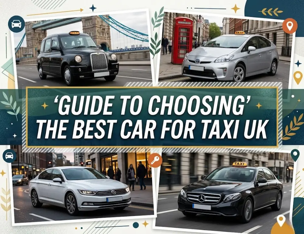 Composite image showing four different taxi cars in London settings with a central text overlay reading, "'Guide to Choosing' The Best Car For Taxi UK."