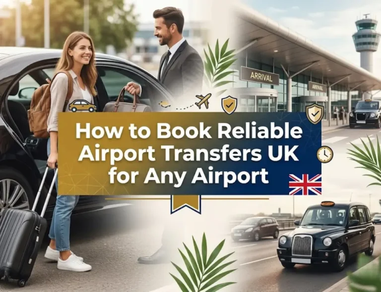 Promotional graphic titled "How to Book Reliable Airport Transfers UK for Any Airport" featuring a woman with luggage entering a car and a black London taxi outside an airport arrival terminal.
