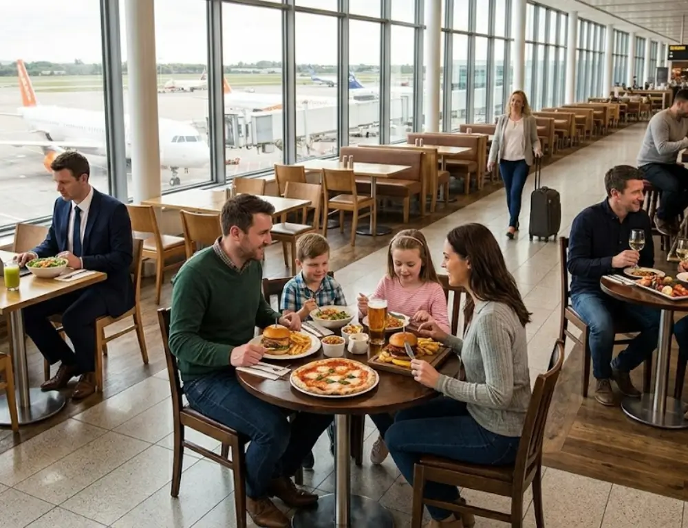 Bright Gatwick Airport restaurants featuring a family eating pizza and burgers while looking at parked airplanes through large windows.
