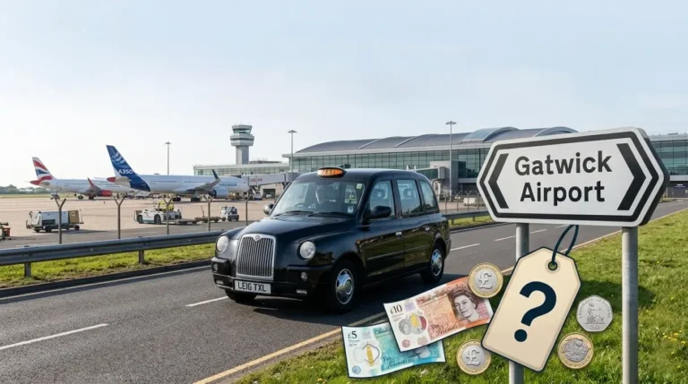 A black London taxi drives past a road sign, depicting the pricing for a taxi to gatwick airport, featuring overlaid British pound notes, coins, and a question mark.