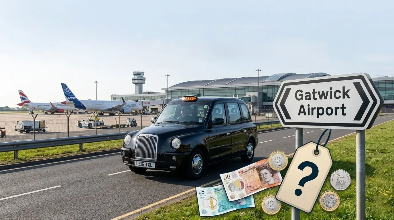 A black London taxi drives past a road sign, depicting the pricing for a taxi to gatwick airport, featuring overlaid British pound notes, coins, and a question mark.