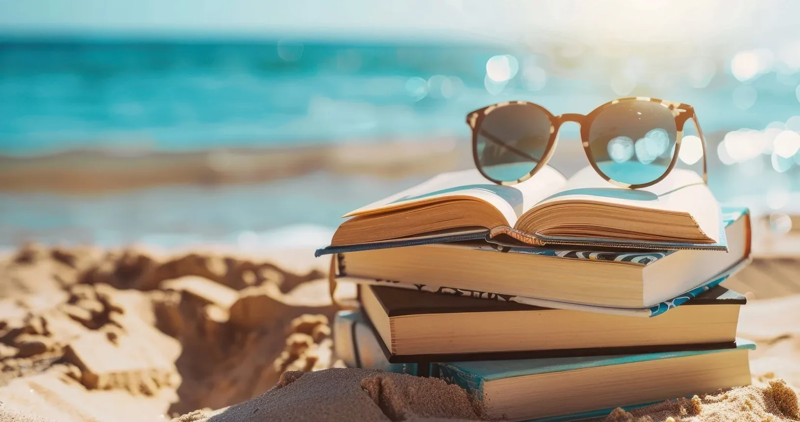 a book with sunglasses on a beach